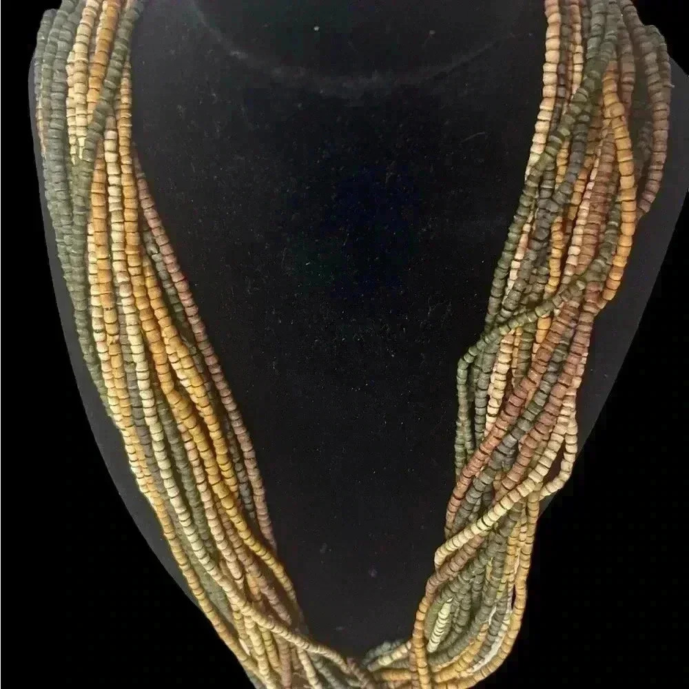 Multi layered wooden bohemian beaded necklace neutral colors 20 strands vintage